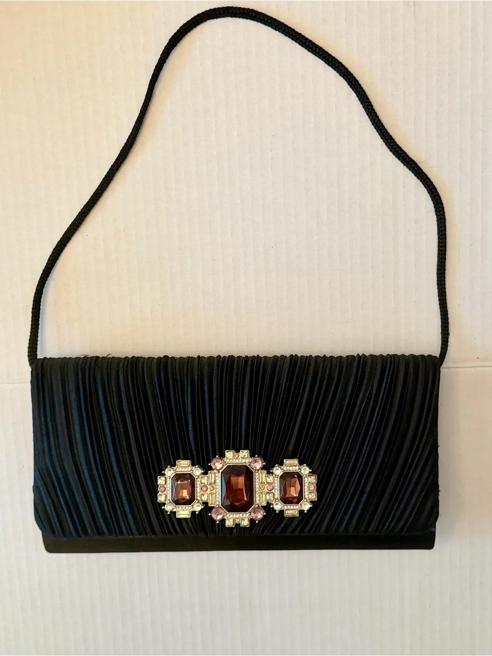 Black Evening Clutch with Jewel Accent Vintage Hollywood Glam